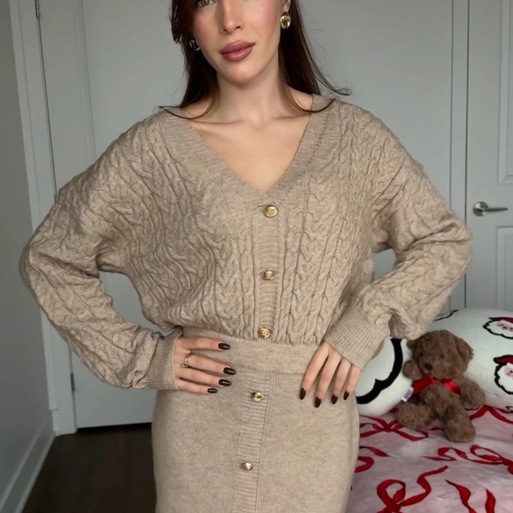Sweaters - Beige Cable Knit Button-Up Dress